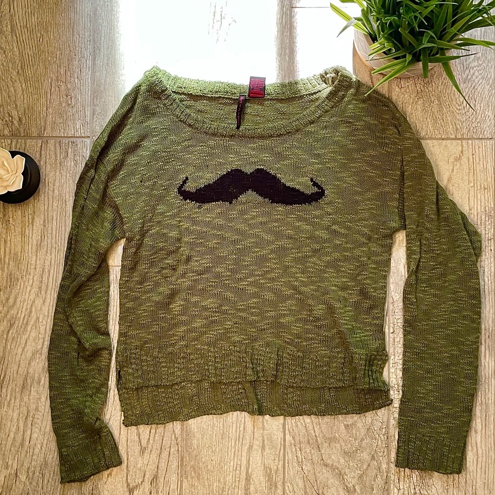 Heart N Crush Green Knit Mustache Distressed Crop Sweater - Picture 2 of 5